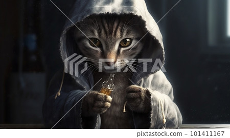 A cat wearing a hoodie and holding a vial of. Stock Illustration 101411167 PIXTA