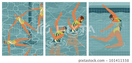 Synchronized swimming vector posters set. Women synchro swimmers work as a team in swimming pool. Water sport concept Synchronized swimming vector posters set. Women synchro swimmers work as a team in swimming pool. Water sport concept 101411338