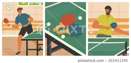 Table tennis sport posters vector set. Two man playing ping pong game. Balls and rackets on ping pong table. Sport concept illustration 101411345