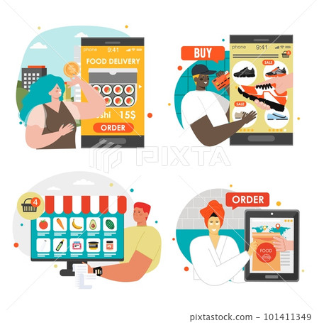 Food, clothes and purchases online delivery scene Food, clothes and purchases online delivery scene 101411349