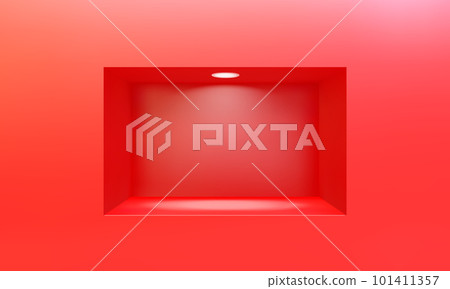 Empty niche or shelf on red wall with led spotlight 3D mockup 101411357
