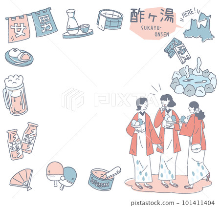 一組穿著浴衣的女性朋友和日本青森Sukayu Onsen的圖標（線條畫柔和的顏色） 101411404
