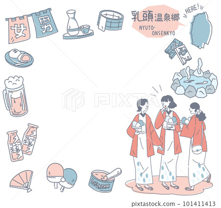 A set of female friends wearing yukata and Nyuto hot spring village in Akita, Japan (line drawing gentle color) 101411413