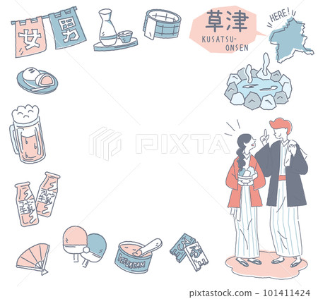 Kusatsu Onsen in Gunma, Japan and a set of hot spring icons and a couple wearing a yukata (line drawing gentle color) Kusatsu Onsen in Gunma, Japan and a set of hot spring icons and a couple wearing a yukata (line drawing gentle color) 101411424