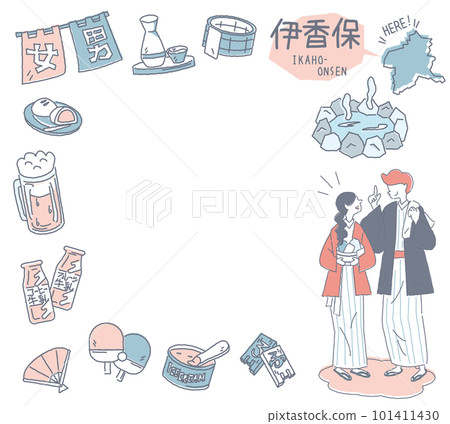 Ikaho Onsen in Gunma, Japan and a set of hot spring icons and a couple wearing a yukata (line drawing gentle color) 101411430