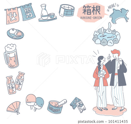 A set of Hakone hot springs in Kanagawa, Japan and a couple wearing a hot spring icon and a yukata (line drawing gentle color) 101411435