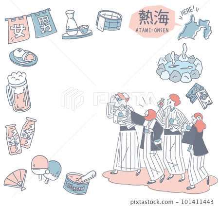 日本靜岡熱海溫泉和一組穿著浴衣的溫泉偶像和外國遊客（線條畫柔和的顏色） 101411443