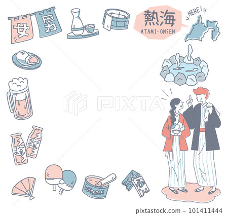 日本靜岡的熱海溫泉和一組溫泉圖標和一對穿著浴衣的夫婦（線條畫柔和的顏色） 101411444