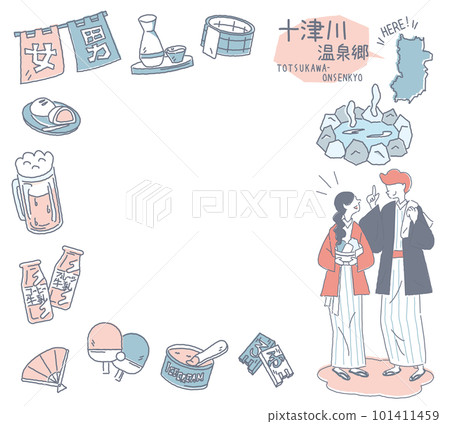 A set of couples wearing yukata with icons of Totsukawa hot springs and hot springs in Nara, Japan (line drawing gentle color) A set of couples wearing yukata with icons of Totsukawa hot springs and hot springs in Nara, Japan (line drawing gentle color) 101411459