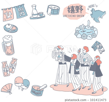 Set of icons of Ureshino Onsen and hot springs in Saga, Japan, and foreign tourists wearing yukata (line drawing gentle color) 101411473