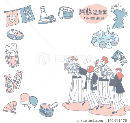 日本熊本阿蘇溫泉村，一組溫泉偶像和穿著浴衣的外國遊客（線條畫柔和的顏色） 101411476