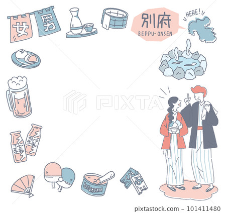 Beppu Onsen in Oita, Japan and a set of hot spring icons and a couple wearing a yukata (line drawing gentle color) 101411480