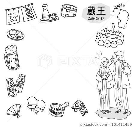 Zao Onsen in Yamagata, Japan and a set of hot spring icons and couples wearing yukata (line drawing black and white) 101411499