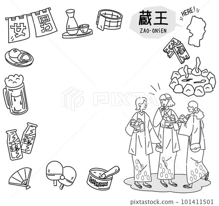 A set of Zao Onsen in Yamagata, Japan and a hot spring icon and a female friend wearing a yukata (line drawing black and white) 101411501