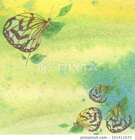 Butterfly on Yellow and Blue Watercolor Background. Digital Paper with Hand Drawn Butterfly, Moth, Insect. Butterfly on Yellow and Blue Watercolor Background. Digital Paper with Hand Drawn Butterfly, Moth, Insect. 101411672