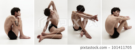 Set of images of young korean guy posing shirtless, in underwear against white studio background. Slim, relief body shape Set of images of young korean guy posing shirtless, in underwear against white studio background. Slim, relief body shape 101411705