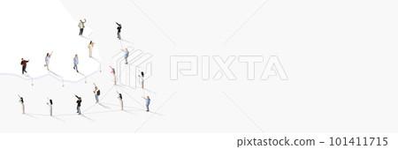 Aerial view of crowd of young different people connected with social media lines on white background. Aerial view of crowd of young different people connected with social media lines on white background. 101411715