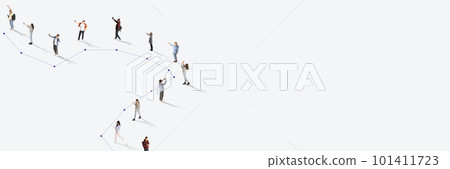 Aerial view of many different people with gadgets connected with online, social media lines over white background Aerial view of many different people with gadgets connected with online, social media lines over white background 101411723
