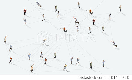 Aerial view of different people of diverse age and gender connected with social media lines against white background. Communication Aerial view of different people of diverse age and gender connected with social media lines against white background. Communication 101411728