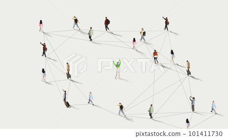 Aerial view. Young girl dancing around back view of crowd of different people connected with social media lines against white background 101411730