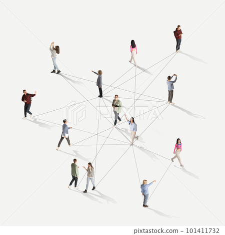 Aerial view of crowd of young diverse people, students, employees connected with lines against white background. Online communication 101411732