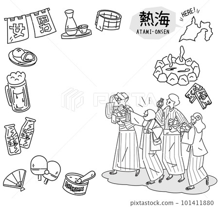 日本靜岡的熱海溫泉和一組穿著浴衣的溫泉偶像和外國遊客（黑白線描） 101411880