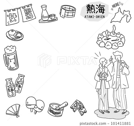日本靜岡的熱海溫泉和一組溫泉圖標和一對穿著浴衣的夫婦(黑白線描) 日本靜岡的熱海溫泉和一組溫泉圖標和一對穿著浴衣的夫婦(黑白線描) 101411881