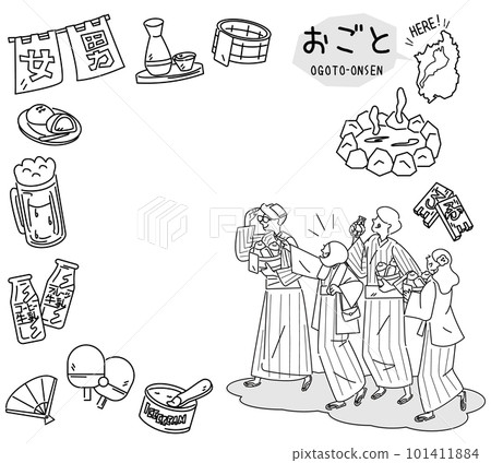 A set of Japanese Shiga hot springs and hot spring icons and foreign tourists wearing yukata (line drawing black and white) 101411884