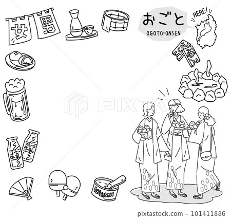A set of Japanese Shiga hot springs and hot spring icons and female friends wearing yukata (line drawing black and white) 101411886