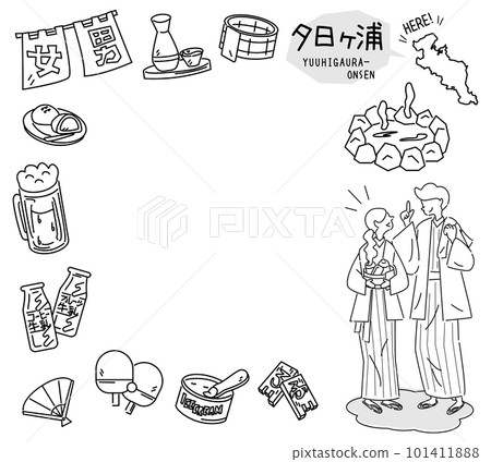 日本京都夕日浦溫泉和一組穿著浴衣的溫泉偶像和情侶（黑白線描） 101411888