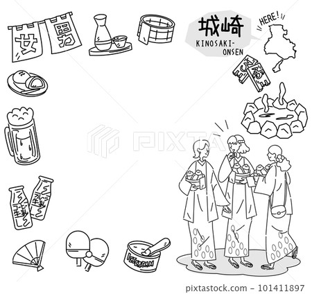 A set of Kinosaki Onsen in Hyogo, Japan and a hot spring icon and a female friend wearing a yukata (line drawing black and white) 101411897