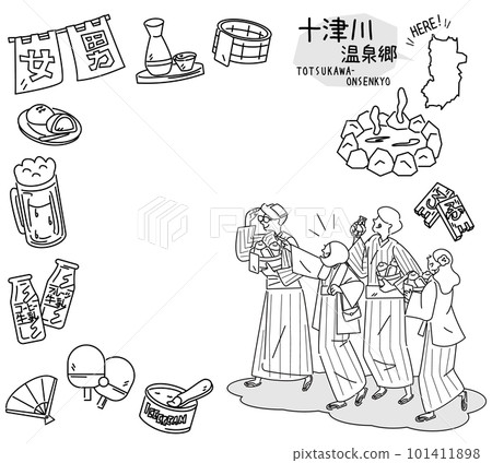 日本奈良的十津川溫泉村和一組穿著浴衣的溫泉偶像和外國遊客（黑白線描） 101411898