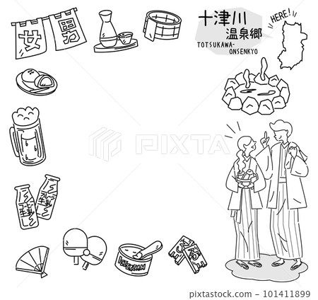 日本奈良的十津川溫泉村和一組穿著浴衣的溫泉偶像和情侶（黑白線描） 101411899