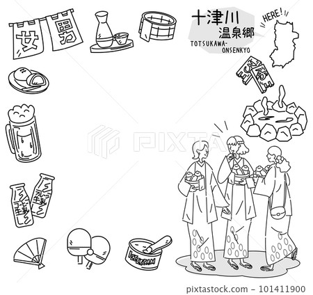 一組日本奈良的十津川溫泉村，溫泉偶像和穿著浴衣的女性朋友（黑白線描） 101411900