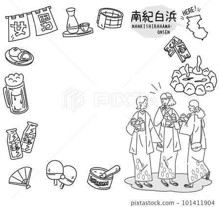 Set of icons of Nanki Shirahama and hot springs in Wakayama, Japan, and female friends wearing yukata (line drawing black and white) Set of icons of Nanki Shirahama and hot springs in Wakayama, Japan, and female friends wearing yukata (line drawing black and white) 101411904