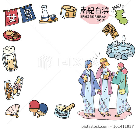 Set of icons of Nanki Shirahama and hot springs in Wakayama, Japan, and female friends wearing yukata (line drawing) 101411937