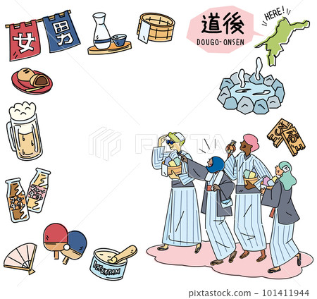 Dogo Onsen in Wakayama, Japan and a set of hot spring icons and foreign tourists wearing yukata (line drawing) Dogo Onsen in Wakayama, Japan and a set of hot spring icons and foreign tourists wearing yukata (line drawing) 101411944