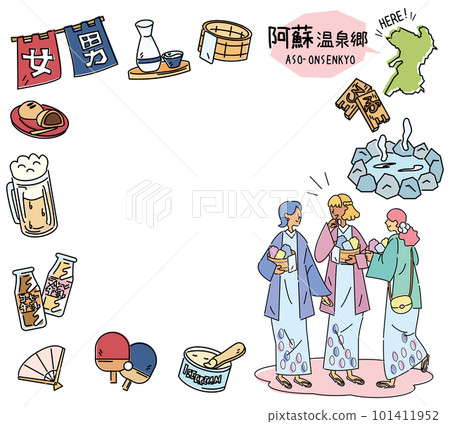 日本熊本阿蘇溫泉村，一組溫泉偶像和穿著浴衣的女性朋友（線描） 101411952