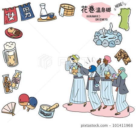 Hanamaki hot spring village in Iwate, Japan and a set of hot spring icons and foreign tourists wearing yukata (line drawing) Hanamaki hot spring village in Iwate, Japan and a set of hot spring icons and foreign tourists wearing yukata (line drawing) 101411968