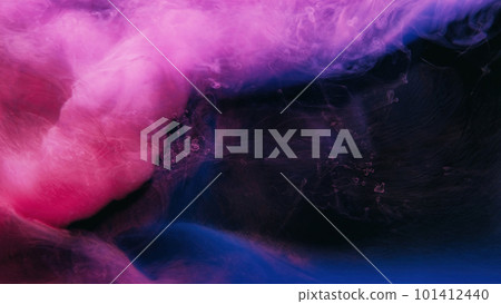 Neon smoke. Paint water. Vapor wave. Dreamlike cloud. Bright pink blue purple color haze flow on dark black abstract copy space background. Neon smoke. Paint water. Vapor wave. Dreamlike cloud. Bright pink blue purple color haze flow on dark black abstract copy space background. 101412440