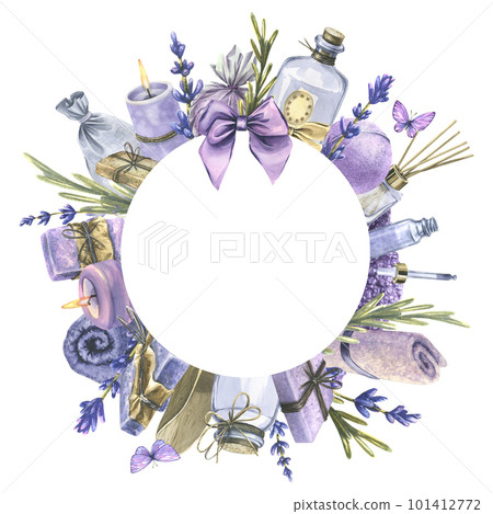 Handmade cosmetics with lavender and candles for bath, sauna, SPA, body and face care. Watercolor illustration on white background isolated. Empty round frame, template for your text and information. 101412772