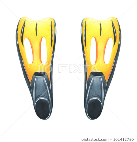 Flippers are yellow and black. Watercolor illustration, hand drawn. Isolated objects on a white background. For decoration and design of diving, snorkeling, swimming, beach and summer compositions. 101412780