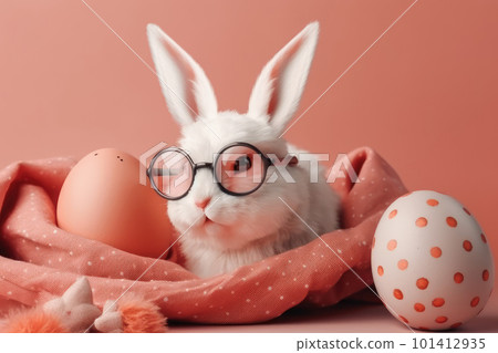 Cute Easter bunny in pink glasses with easter eggs in pink toned on pink background. AI. Easter card 101412935