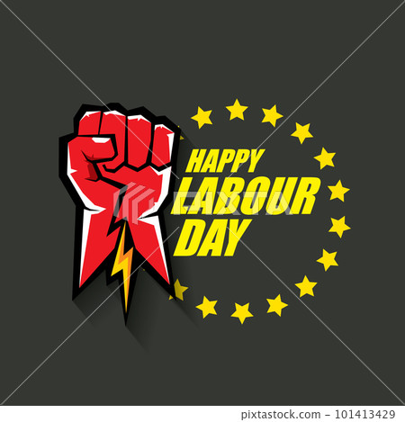 1 may Happy labour day vector label with strong protest fist in the air on grey background. vector happy labor day background or banner with man hand. workers may day poster 1 may Happy labour day vector label with strong protest fist in the air on grey background. vector happy labor day background or banner with man hand. workers may day poster 101413429