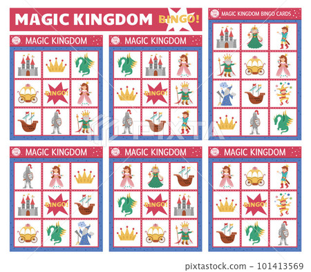 Vector fairytale bingo cards set. Fun family lotto board game with cute castle, king, princess, dragon for kids. Magic kingdom lottery activity. Simple educational printable worksheet. Vector fairytale bingo cards set. Fun family lotto board game with cute castle, king, princess, dragon for kids. Magic kingdom lottery activity. Simple educational printable worksheet. 101413569