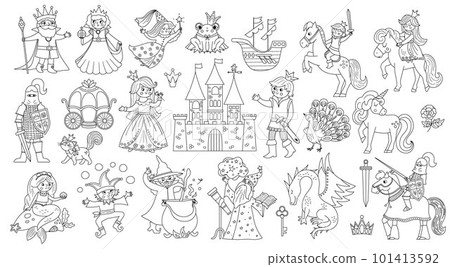 Fairy tale black and white characters and objects collection. Big vector set with line fantasy princess, king, queen, witch, knight, unicorn, dragon. Medieval fairytale castle pack or coloring page Fairy tale black and white characters and objects collection. Big vector set with line fantasy princess, king, queen, witch, knight, unicorn, dragon. Medieval fairytale castle pack or coloring page 101413592