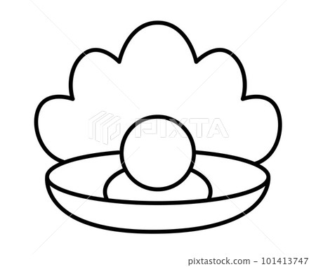Vector black and white pearl in shell isolated on white background. Beautiful line sea jewelry icon. Precious stone illustration or coloring page 101413747