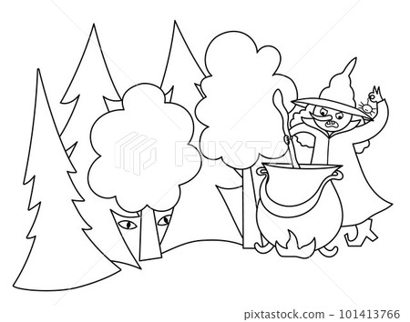 Fairy tale black and white vector magic forest illustration with witch, preparing potion in cauldron. Fairytale or Halloween fantasy line scene. Cartoon magic coloring page 101413766