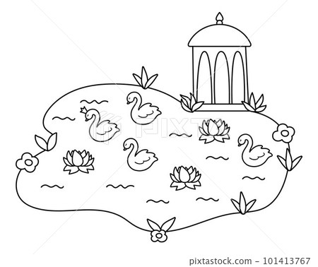 Vector black and white pavilion icon. Line pergola with lake and swans illustration. Summer rest elegant gazebo isolated on white background 101413767