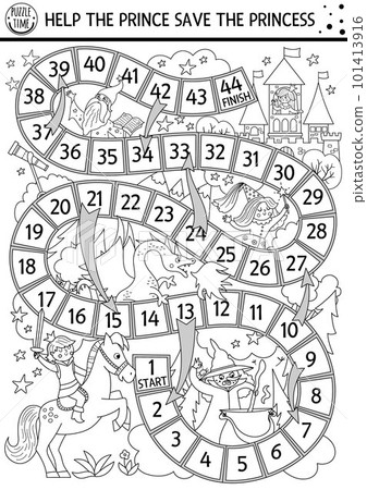 Fairytale lack and white dice coloring board game with castle. Magic kingdom line boardgame. Fairy tale activity, printable worksheet for kids. Help the prince save the princess Fairytale lack and white dice coloring board game with castle. Magic kingdom line boardgame. Fairy tale activity, printable worksheet for kids. Help the prince save the princess 101413916